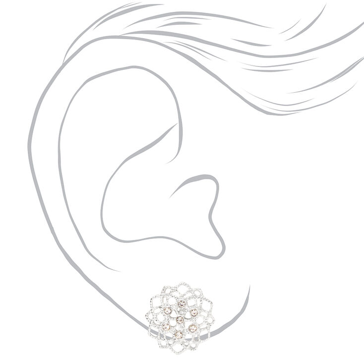 Silver Embellished Wired Flower Clip On Stud Earrings,
