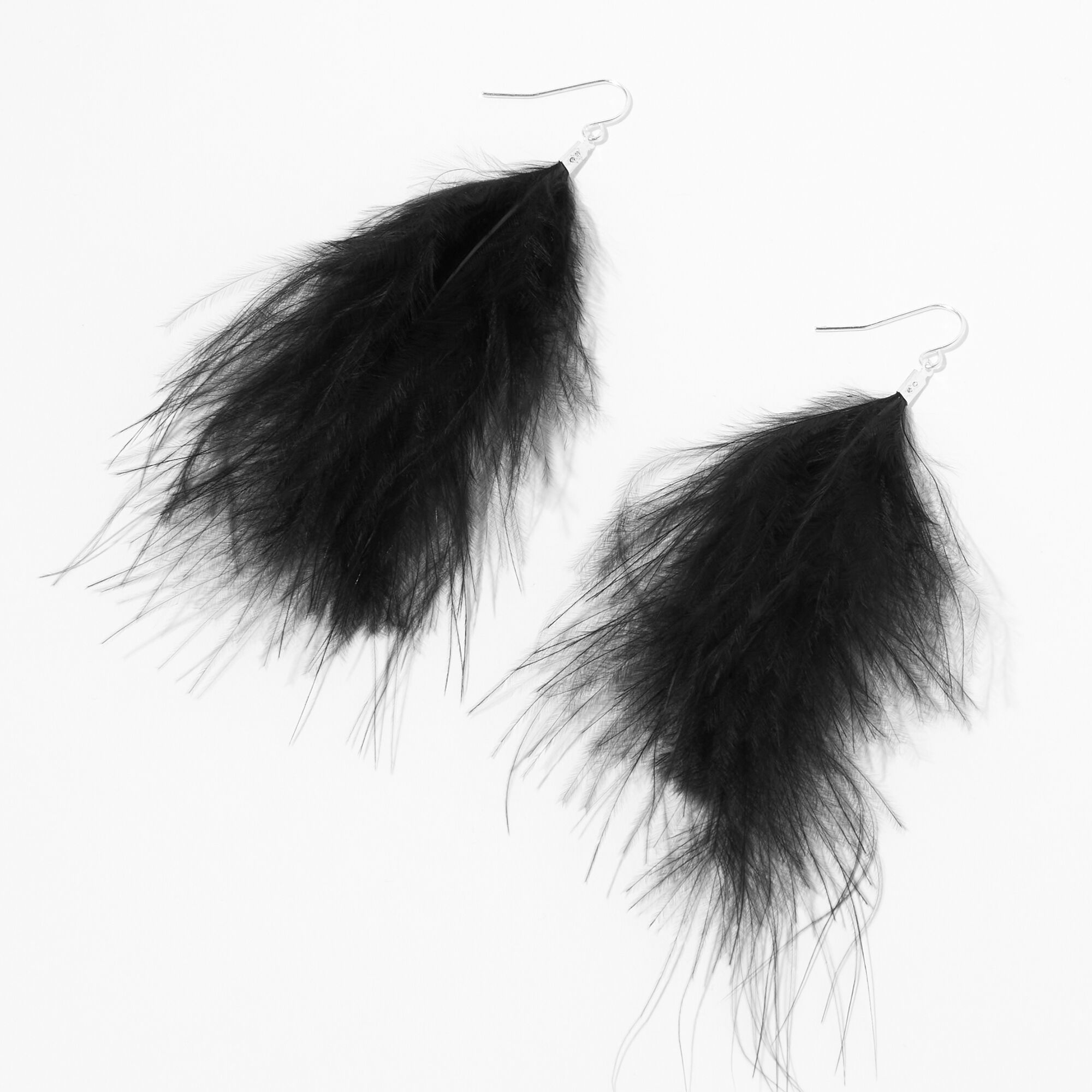 View Claires 3 Poof Feather Drop Earrings Black information