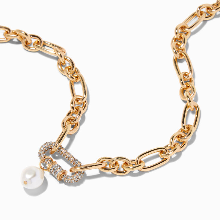 Gold Pav&eacute; Pearl Carabiner Figaro Chain Necklace,