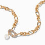 Gold Pav&eacute; Pearl Carabiner Figaro Chain Necklace,