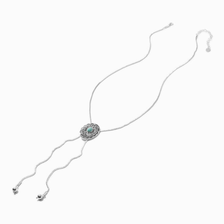 Collier bolo couleur argent&eacute;e m&eacute;daillon turquoise,