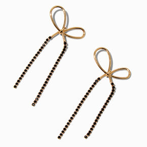 Gold-tone Black Crystal Long Bow Drop Earrings,