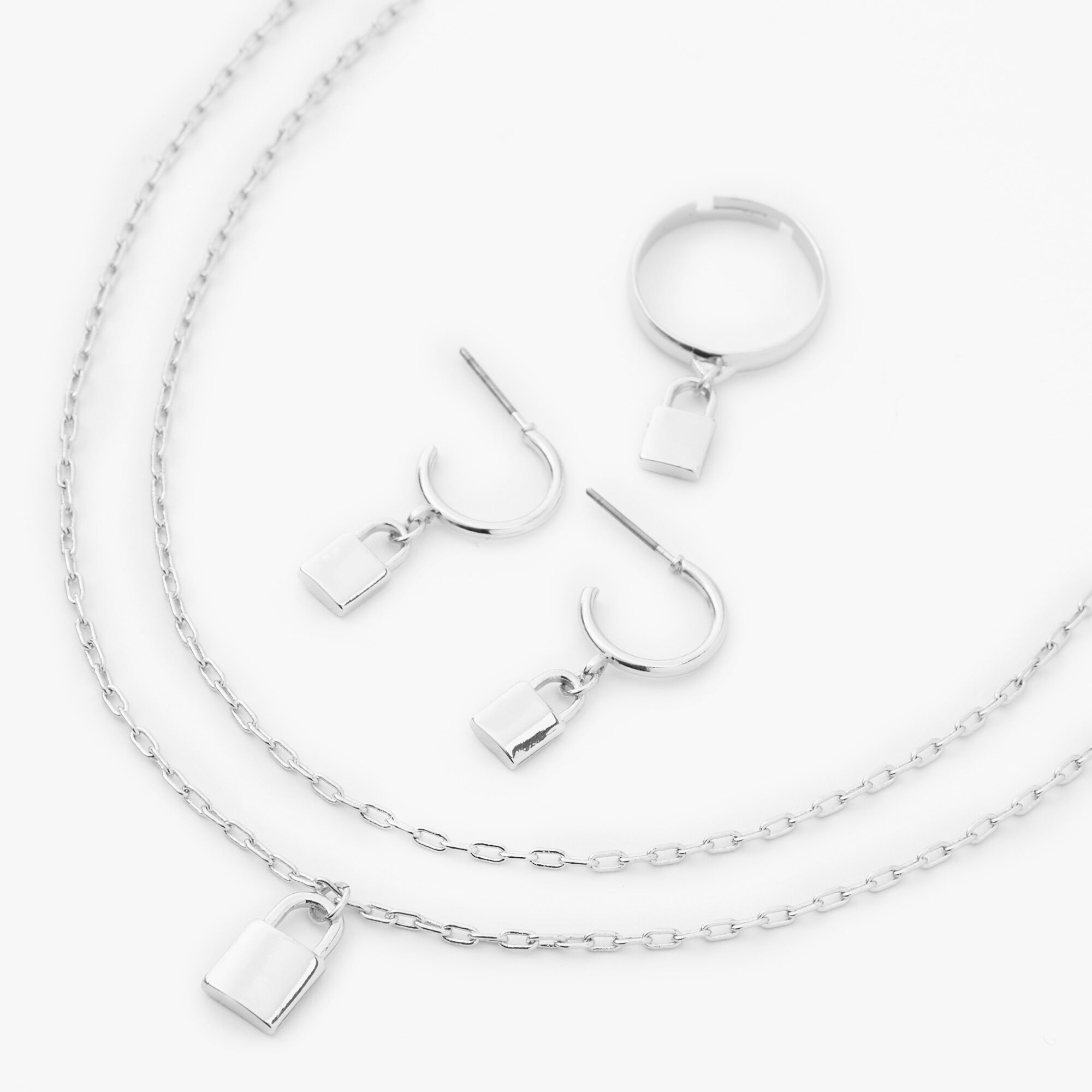 Silver Padlock Necklace, Earrings, & Ring Set - 3 Pack,