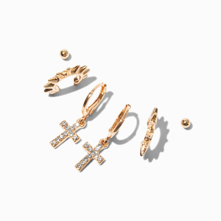 Gold-tone Spikey Cross Earring Stackables Set - 3 Pack,