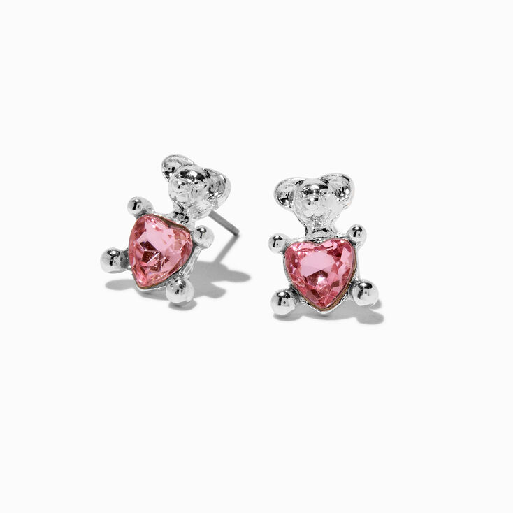 Pink Crystal Teddy Bear Stud Earrings,