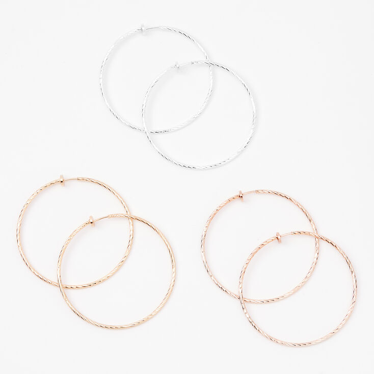 Mixed Metal 60MM Textured Clip On Hoop Earrings - 3 Pack,