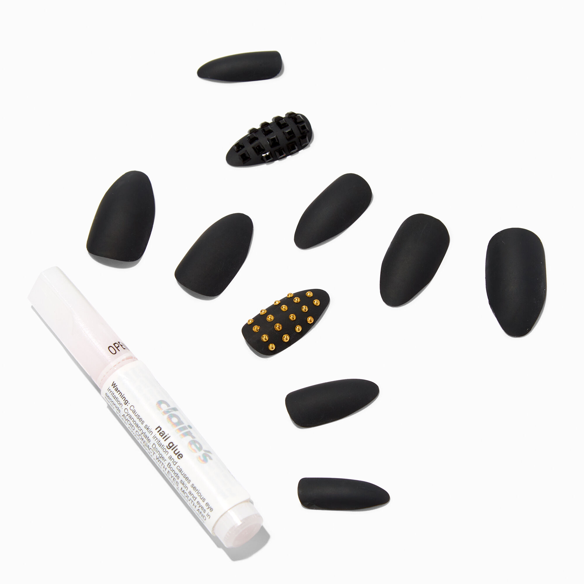 View Claires Studded Stiletto Vegan Faux Nail Set 24 Pack Black information