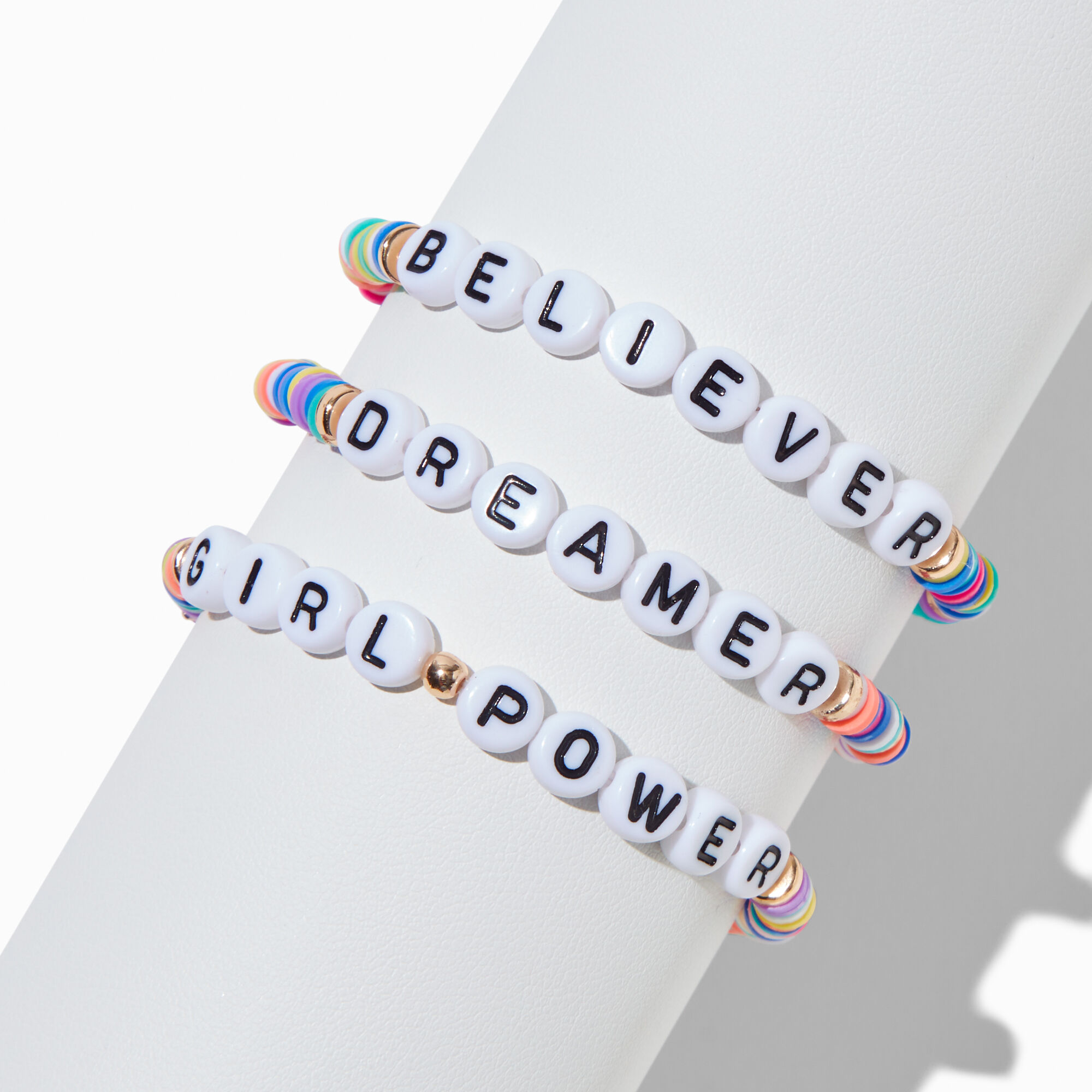 Claire's Club Inspirational Words Rainbow Heishi Bead Stretch Bracelets - 3 Pack