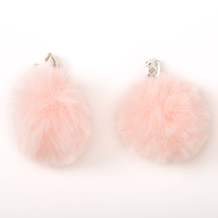 Silver 1.5&quot; Pom Pom Clip On Drop Earrings - Light Pink,