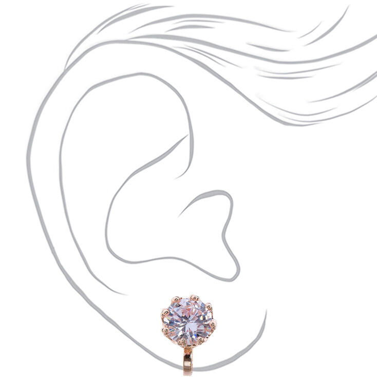 Rose Gold Cubic Zirconia Round Clip On Stud Earrings - 8MM,