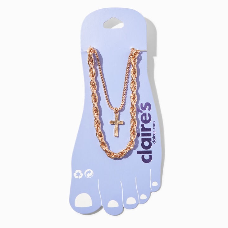 Gold Cross Charm Chain Anklets - 2 Pack,