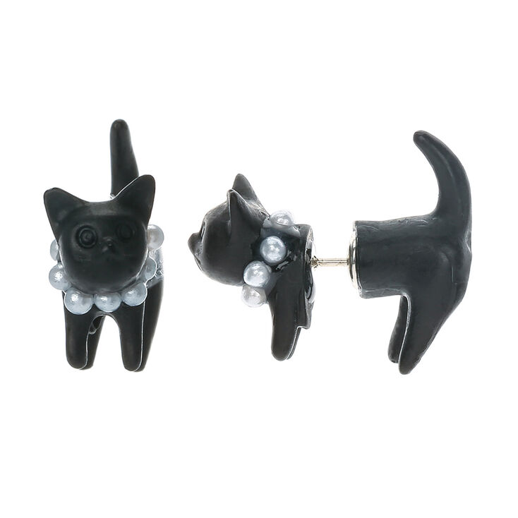 Black Pearl Cat Front Back Earrings Claire S
