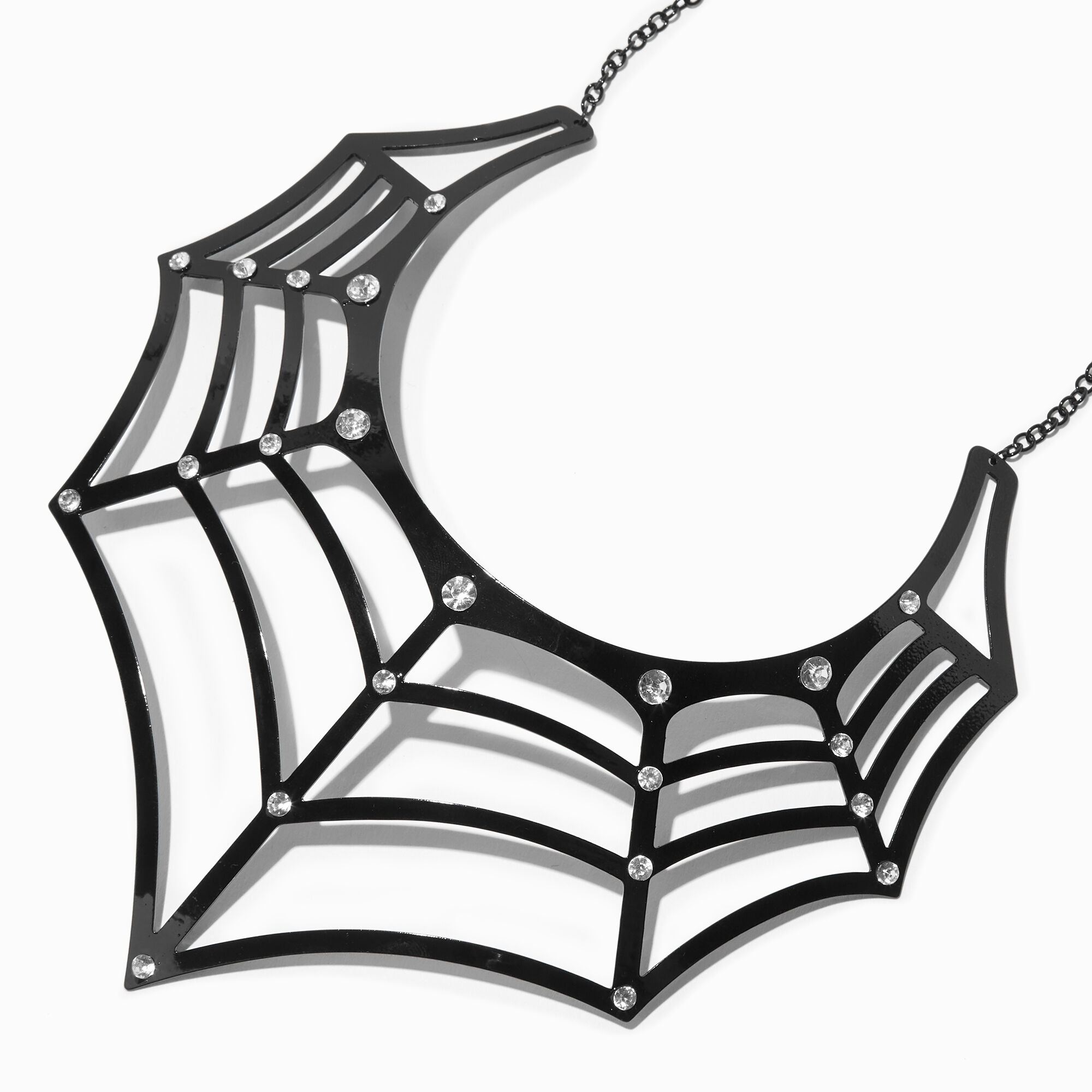 View Claires Embellished Spider Web Necklace Black information