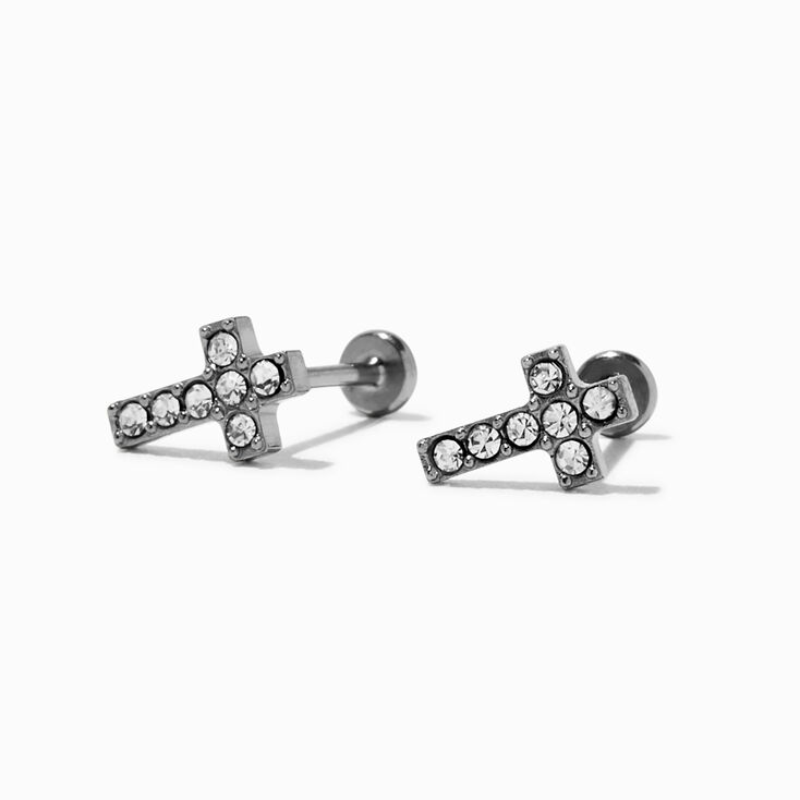 C LUXE by Claire&#39;s Silver-tone Titanium Crystal Cross Flat Back Stud Earrings,