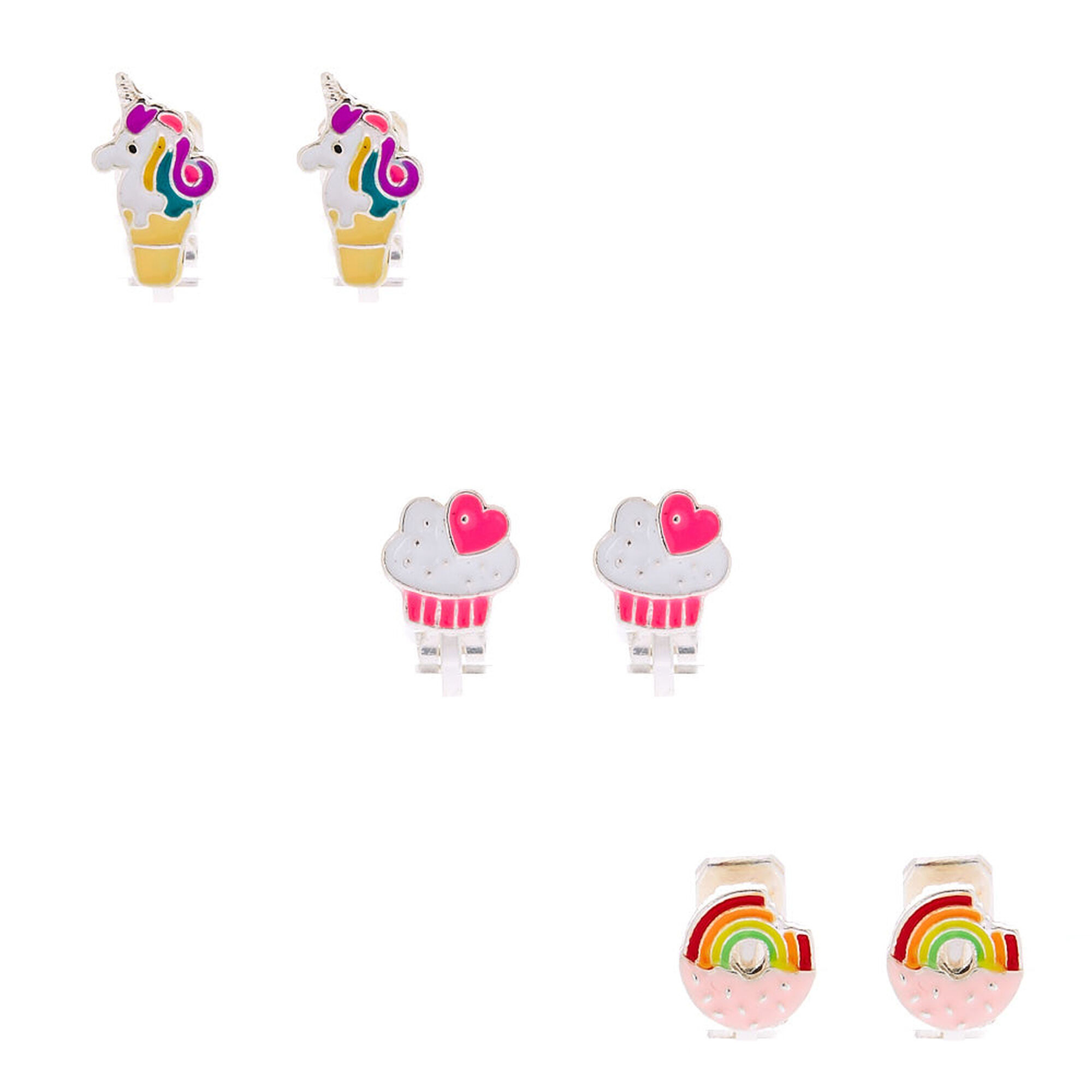 View Claires Tone Magical Treats Clip On Earrings Rainbow 3 Pack Silver information