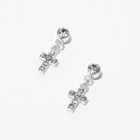 Silver 1&quot; Crystal Cross Magnetic Drop Earrings,