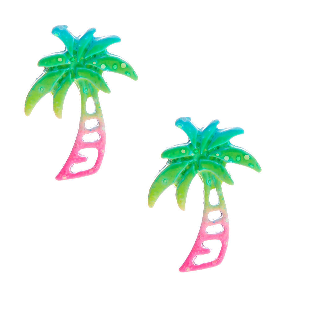 Silver Glitter Rainbow Palm Tree Stud Earrings,
