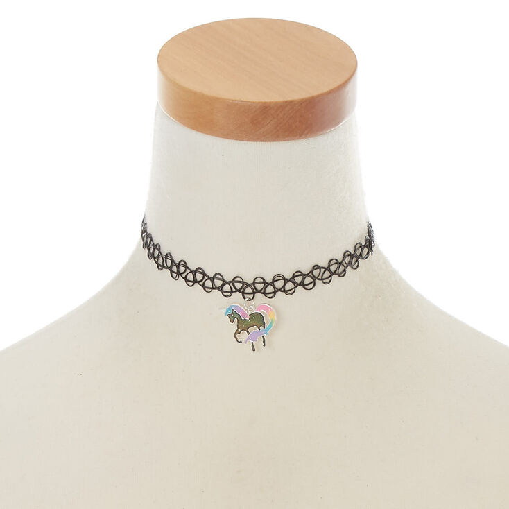 Glitter Unicorn Mood Tattoo Choker Necklace - Black,