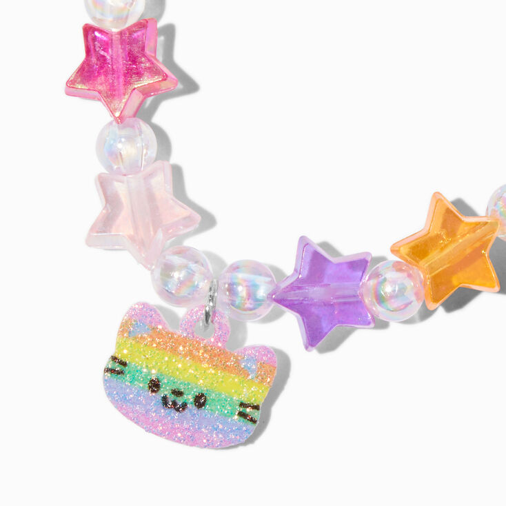Claire&#39;s Club Rainbow Cat Charm Star Beaded Stretch Bracelet,