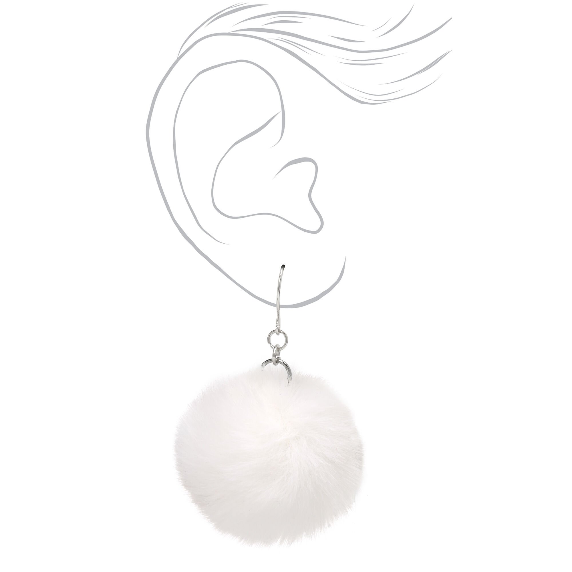 Silver 2 Pom Pom Drop Earrings White