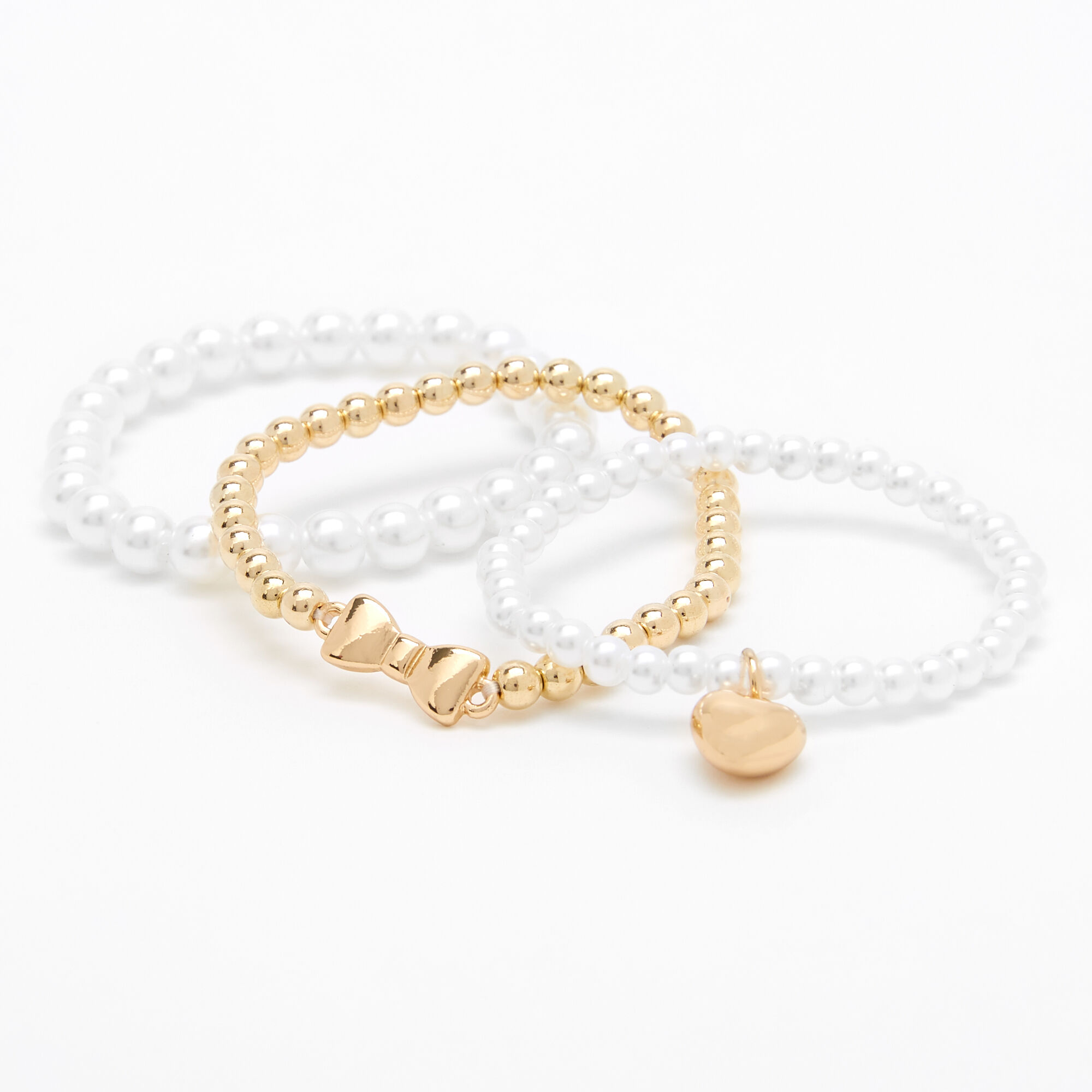 Claire's Club Gold Pearl Heart Stretch Bracelets - 3 Pack,