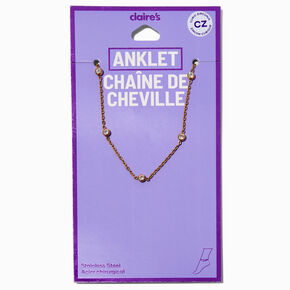 Gold-tone Stainless Steel Cubic Zirconia Stationed Chain Anklet,
