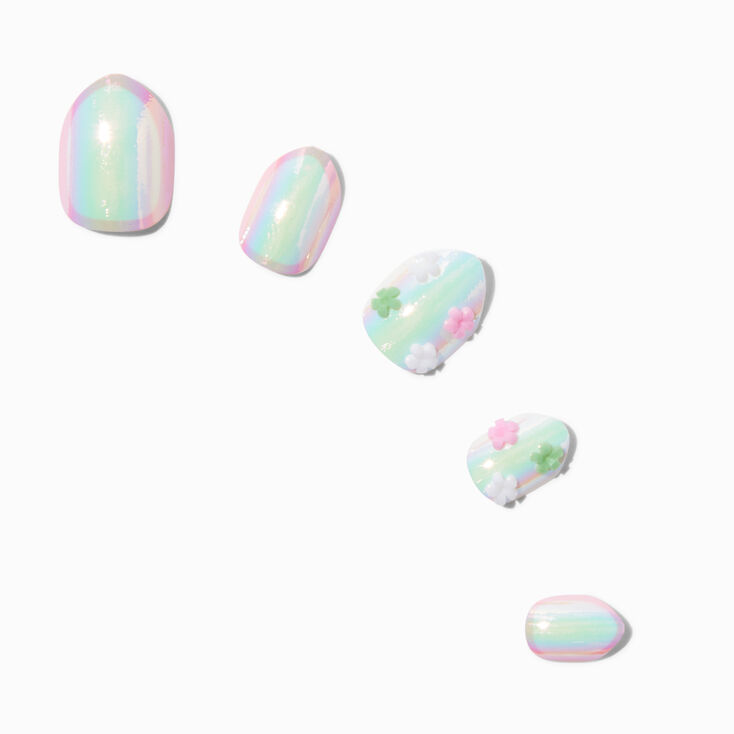 3D Daisy Charm Iridescent Stiletto Press On Faux Nail Set - 24 Pack,