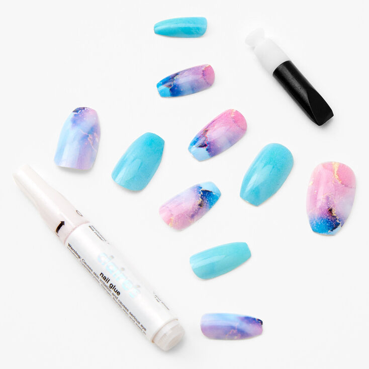 Turquoise Marble Stiletto Faux Nail Set - 24 Pack,