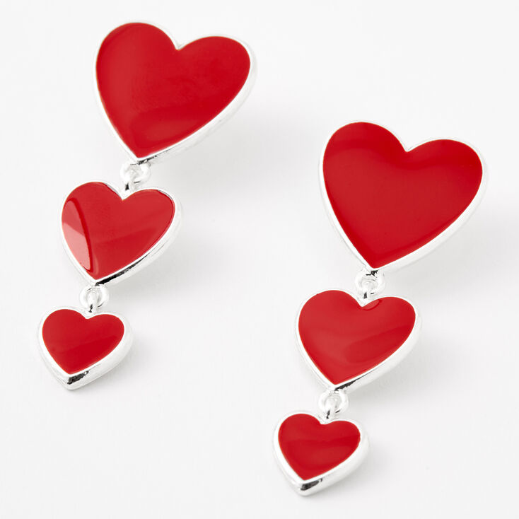 Silver Triple Hearts Enamel Drop Earrings - Red,