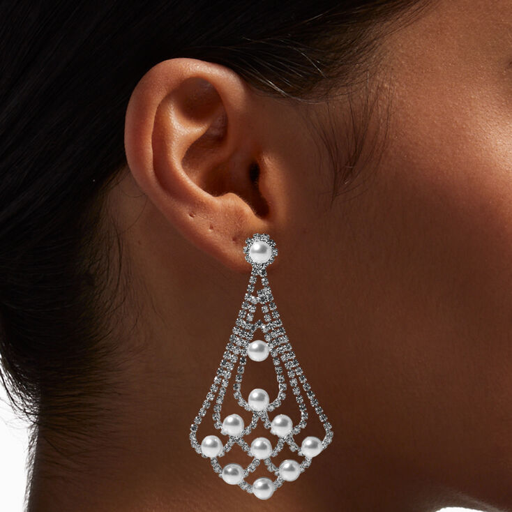 Silver Pearl Rhinestone Chandelier 3&quot; Drop Earrings,