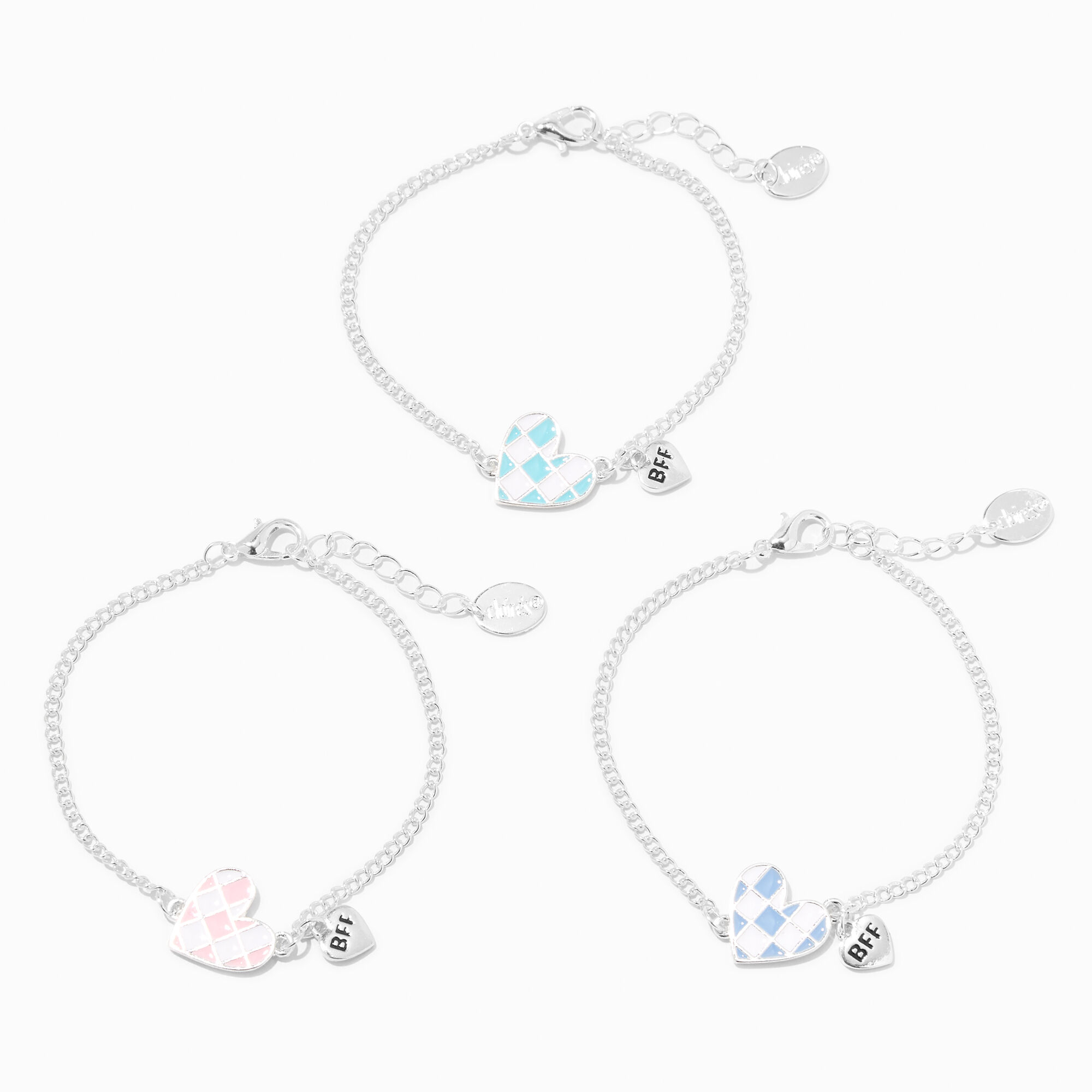 View Claires Best Friends Checkered Heart Chain Bracelets 3 Pack information