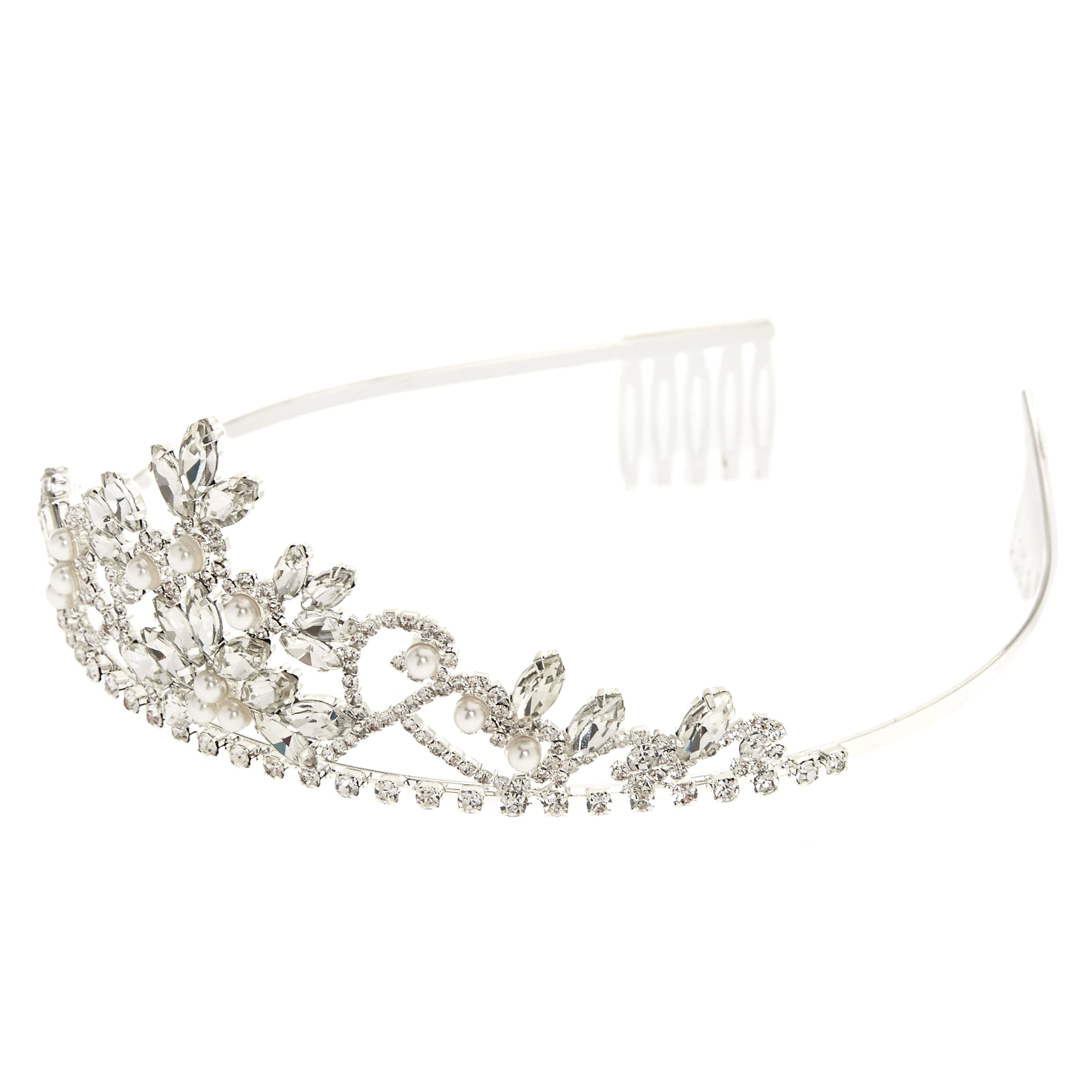 Diadème pyramide strass et fleur en perles d'imitation couleur argentée,