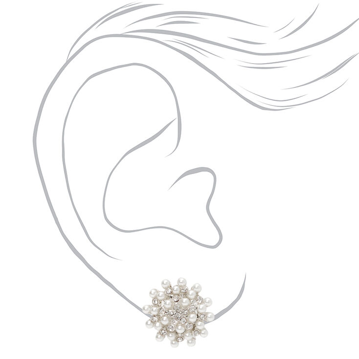Silver Crystal Pearl Cluster Clip On Stud Earrings,