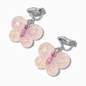 Pink Butterfly Textured Clip-On Drop Earrings,
