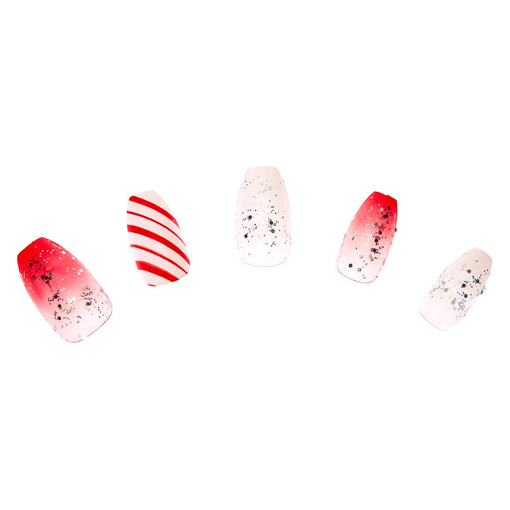 Candy Cane Coffin Press On Faux Nails - 24 Pack,
