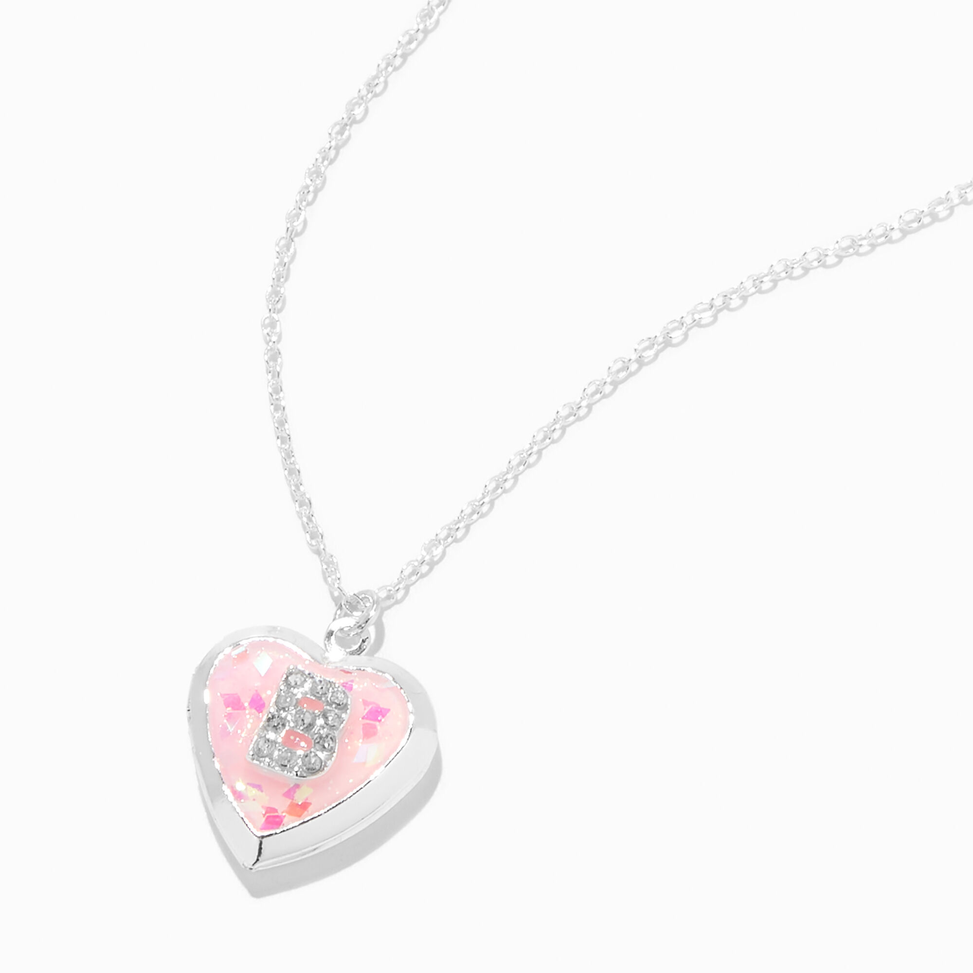 View Claires Embellished Initial Glitter Heart Locket Necklace B Pink information