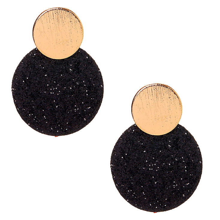 Gold 1.5&quot; Glitter Disc Drop Earrings - Black,
