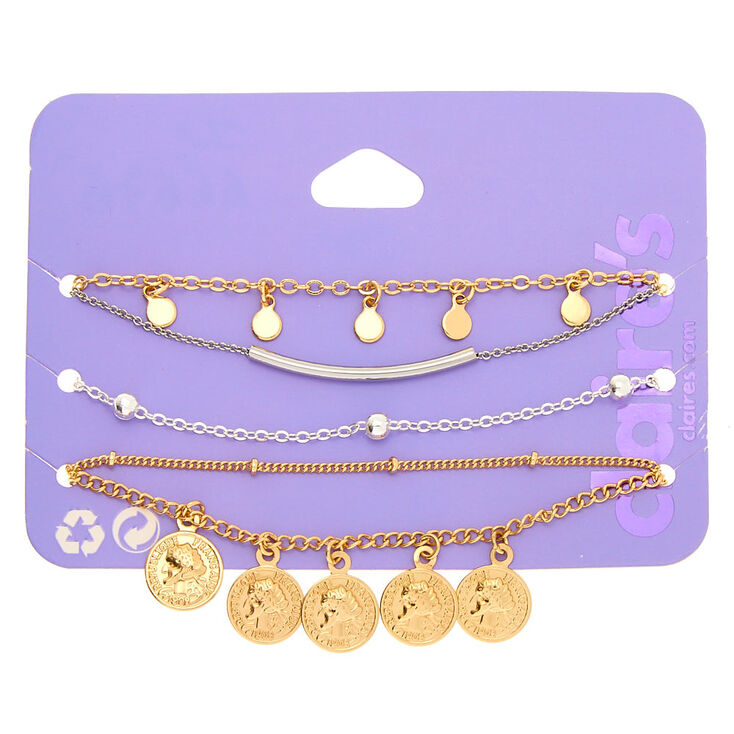 Mixed Metal Coin Chain Bracelets - 5 Pack,