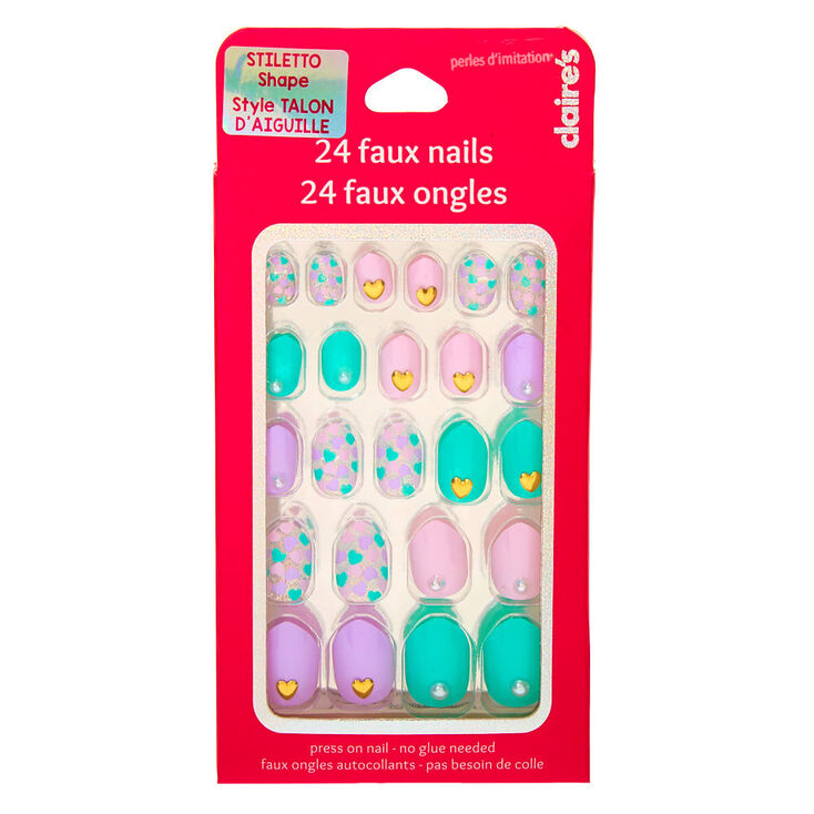 Pastel Hearts Stiletto Press On Faux Nail Set - 24 Pack,