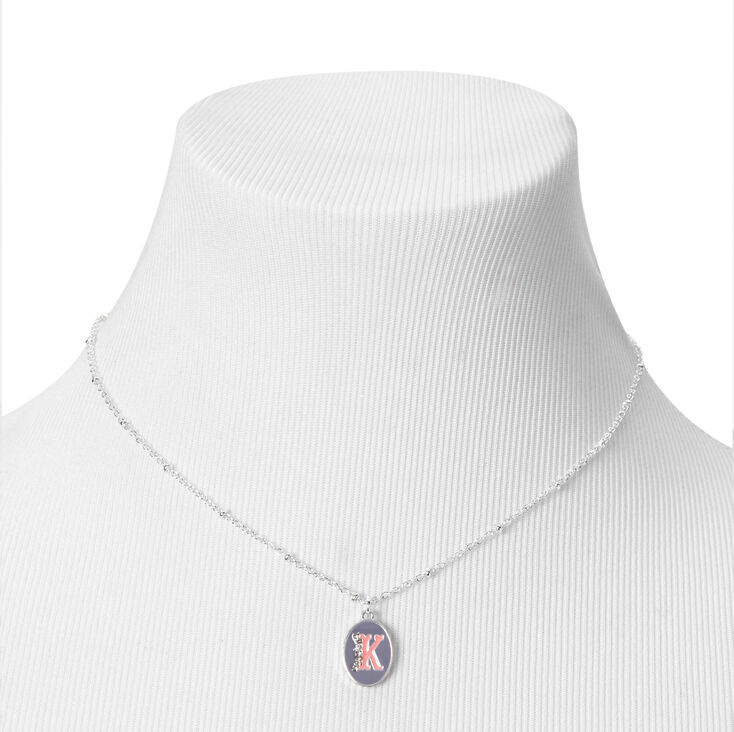 Silver Embellished Initial Coral &amp; Purple Pendant Necklace - K,