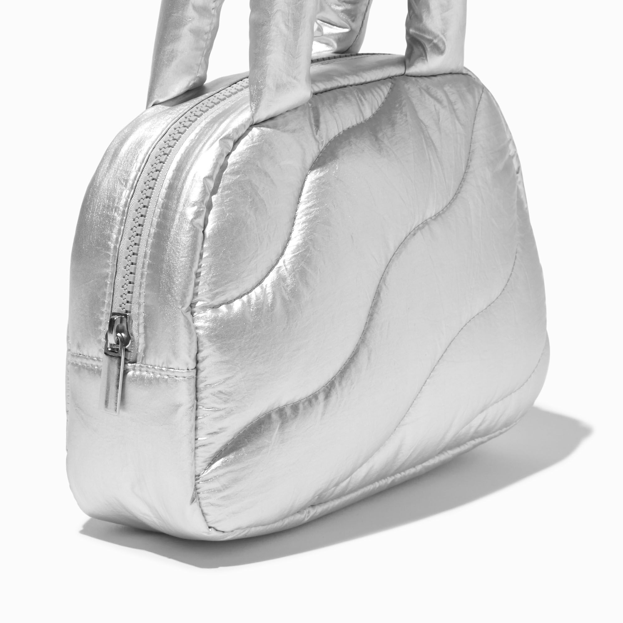 Silver Puffy Nylon Shoulder Bag,