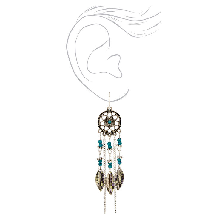 Silver Dreamcatcher Turquoise Beaded 2&quot; Drop Earrings,