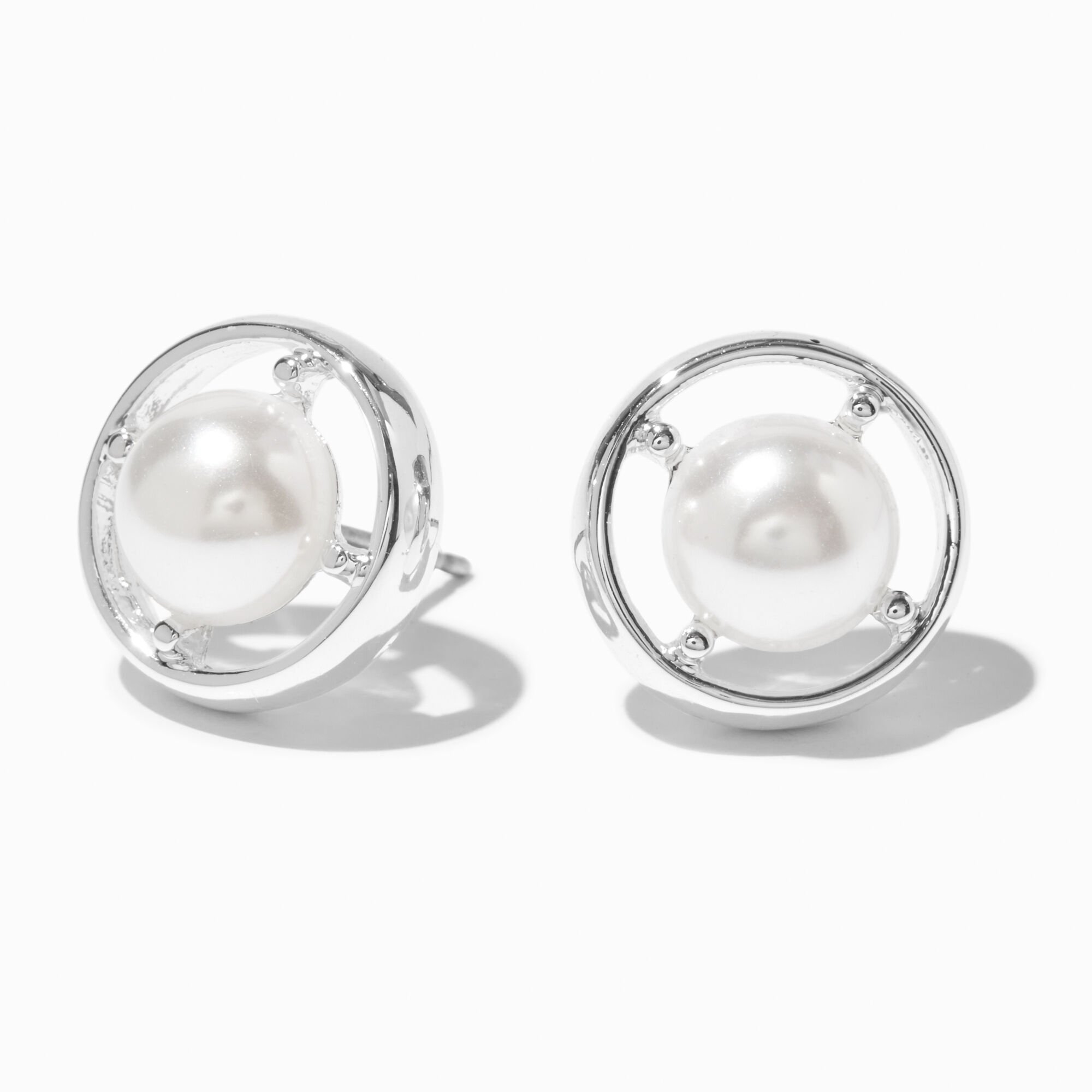 Silver-tone Pearl Compass Stud Earrings ,
