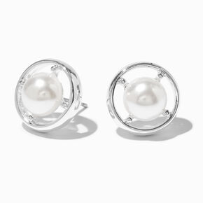 Silver-tone Pearl Compass Stud Earrings ,