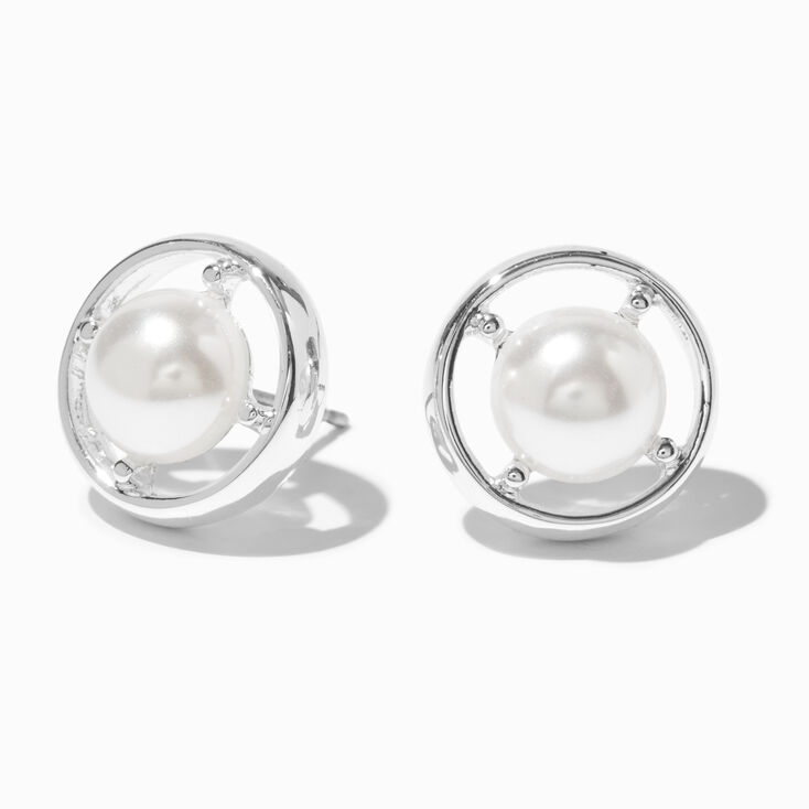Silver-tone Pearl Compass Stud Earrings ,