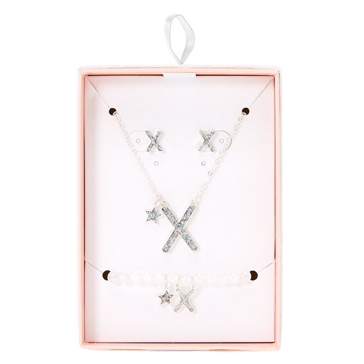 Claire's Parure de bijoux couleur argenté à paillettes irisées lettre X