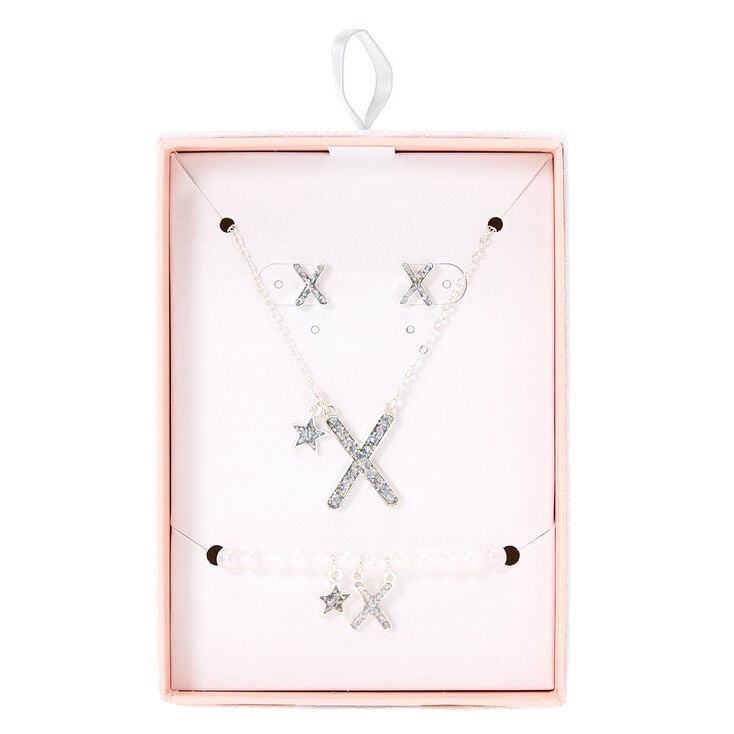 Claire's Parure de bijoux couleur argenté à paillettes irisées lettre X