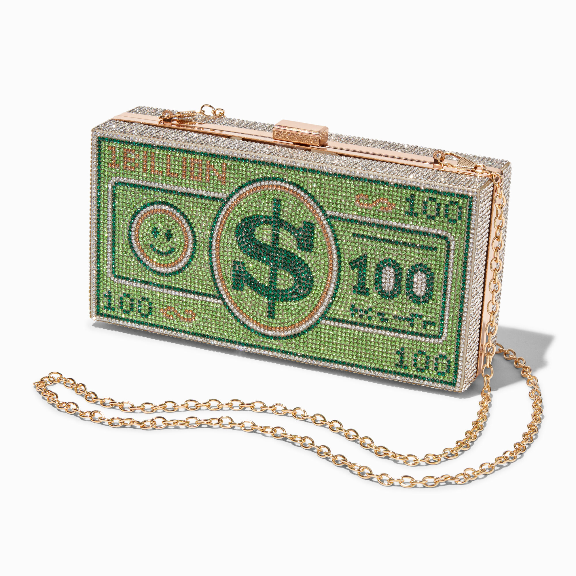 View Claires Blinged Out Hundred Million Dollar Crossbody Bag Gold information
