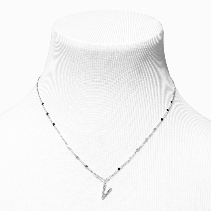 Silver Half Stone Initial Pendant Necklace - V,