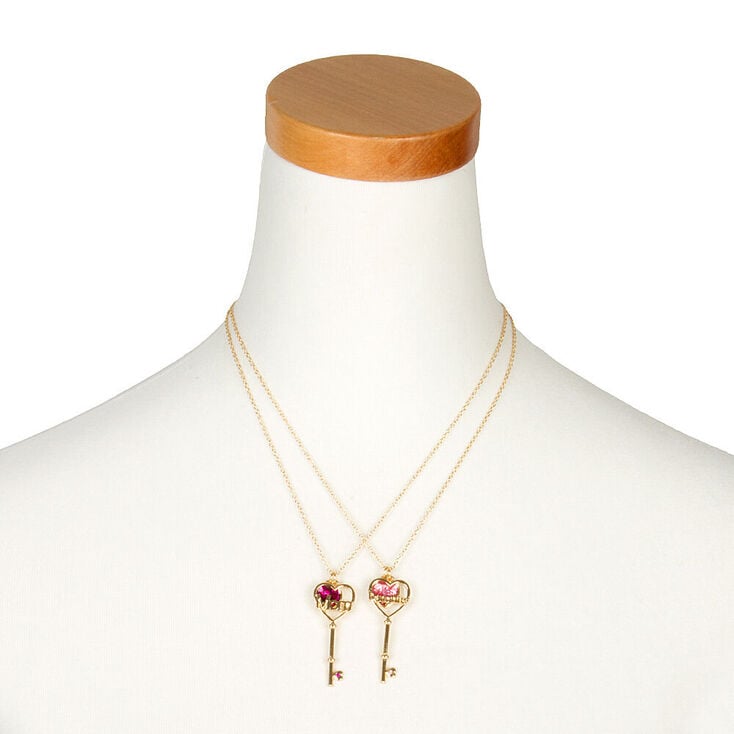 Mom &amp; Daughter Heart &amp; Key Pendant Necklaces - Pink, 2 Pack,